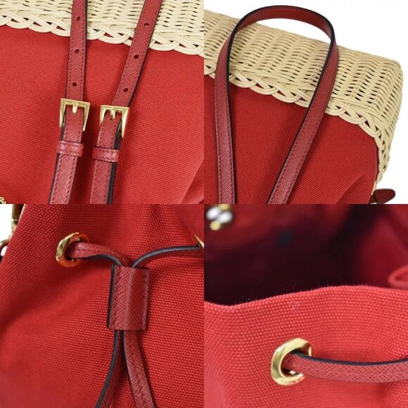 PRADA Logo Plage Wicker 2Way Shoulder Hand Bag Canvas Leather Red Gold 678RH125 - Picture 8 of 15
